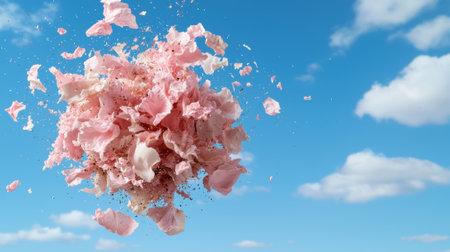 Floating pink petals against a blue sky.の素材