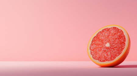 A vibrant grapefruit slice on a pink background.の素材