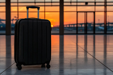 Suitcase in an airport terminal at sunset.の素材