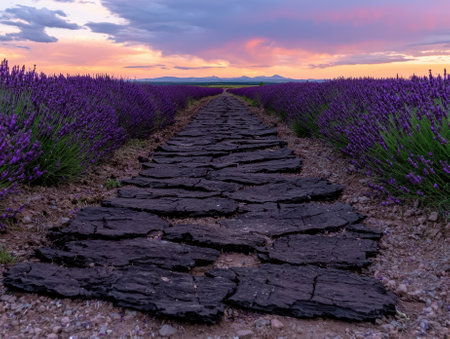 Lavender field path at sunsetの素材