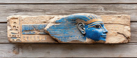 Ancient Egyptian pharaoh relief sculpture on a wooden background.の素材