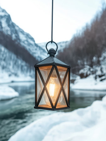 Illuminated lantern hanging outdoors in a snowy mountain landscape.の素材