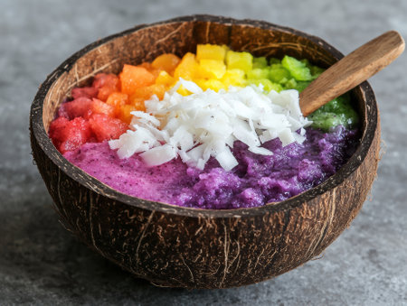 A vibrant smoothie bowl in a coconut shell.の素材