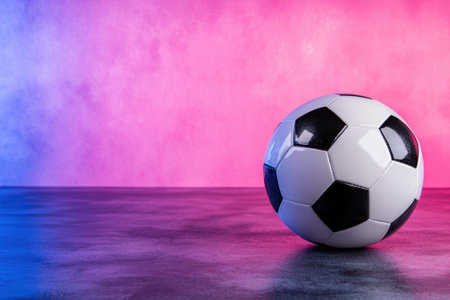 Soccer ball on a purple and blue background.の素材