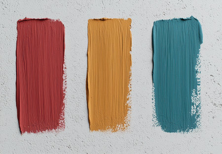 Three paint swatches on a textured white wall.の素材