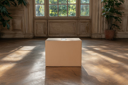 Cardboard box on a wooden floor in a bright room.の素材