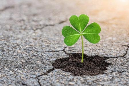 Resilience: A clover growing through cracked pavement.の素材