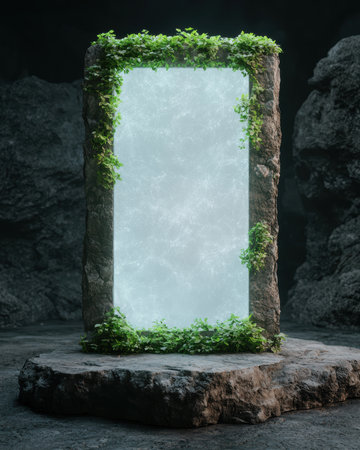 Mystical stone portal with glowing light and vines.の素材