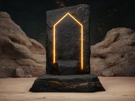 Monolith with glowing portal in a desert landscape.の素材