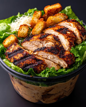 Delicious chicken caesar salad with croutons and parmesan cheese.の素材