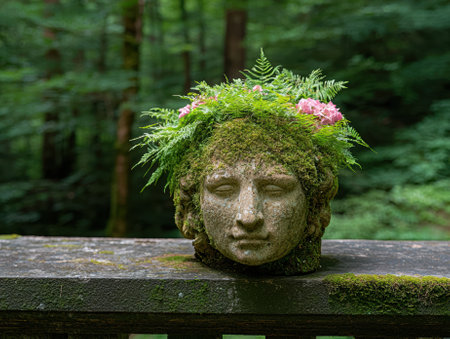 Stone head planter with moss, ferns, and pink flowers in a forest setting.の素材