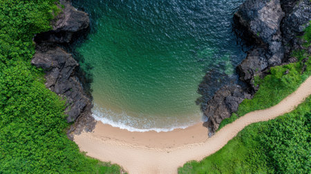 Aerial view of a secluded beach cove with turquoise water and lush greenery.の素材
