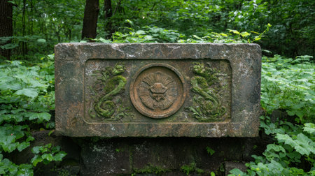 Ancient stone carving with floral and dragon motifs in a lush green forest.の素材