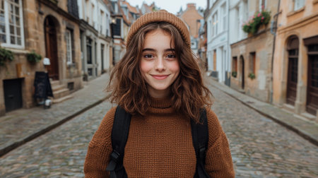 A young woman smiles in a European city street.の素材
