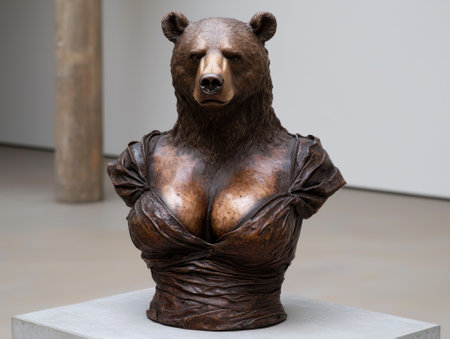 A bronze sculpture of a bear with human-like breasts wearing a dress.の素材