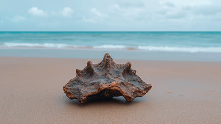 A unique sea shell sits on a sandy beach with ocean waves in the background.の素材
