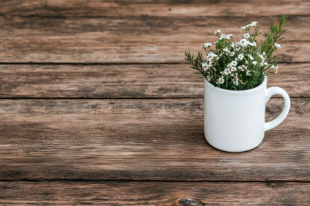 White flowers in a mug on a wooden table.の素材