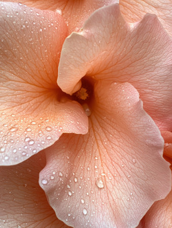 Close-up of a peach-colored flower with water droplets.の素材