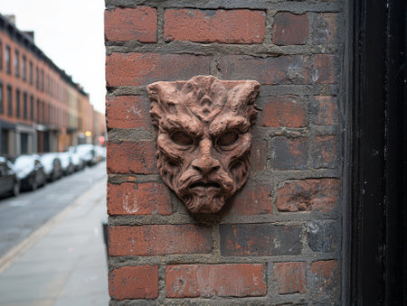A grotesque face sculpture adorns a brick wall in an urban setting.の素材