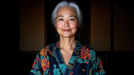 Portrait of a mature woman with gray hair smiling indoors.の素材