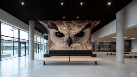 Modern library interior with large owl mural and seating area.の素材