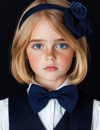 Portrait of a young girl with blue eyes wearing a bow tie and headband.の素材