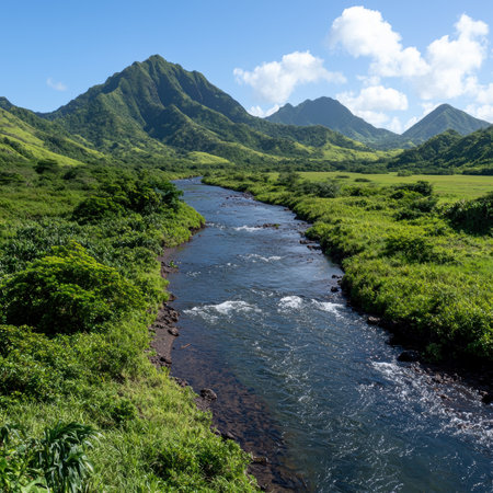 Scenic river flowing through a lush green valley with mountains in the background.の素材
