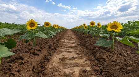 Rows of sunflowers stretch into the distance under a bright blue sky.の素材