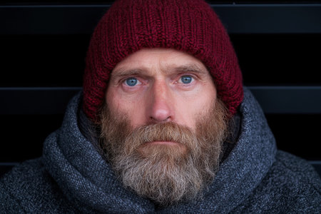 Portrait of a man with a beard wearing a beanie.の素材