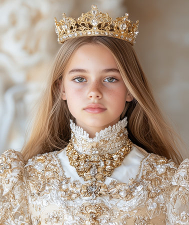 Portrait of a young girl wearing a golden crown and ornate dress.の素材