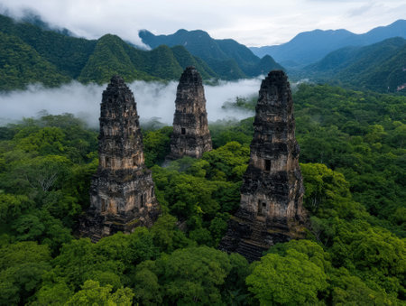 Ancient towers rise from a lush green jungle landscape.の素材