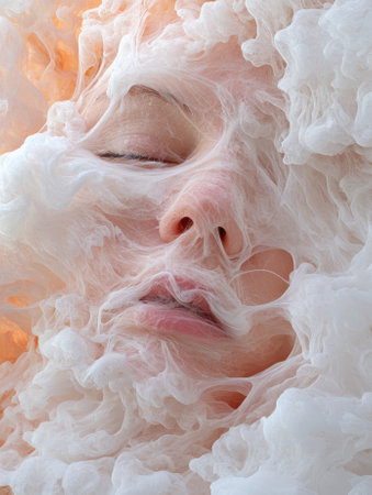 Surreal portrait of a woman's face covered in white filaments.の素材