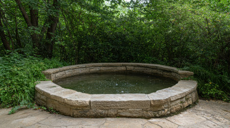 Stone water feature in a lush garden.の素材
