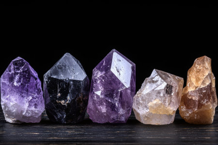 Collection of colorful crystal gemstones on a dark background.の素材