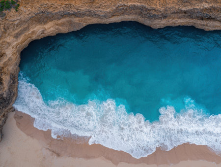 Aerial view of a secluded beach cove with turquoise water and crashing waves.の素材