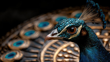 Close-up of a peacock's head with detailed feathers.の素材