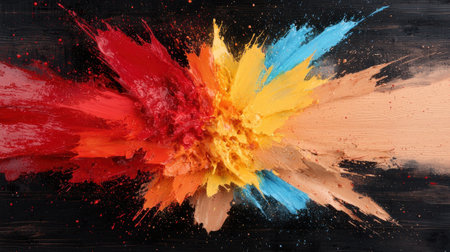 Colorful paint splashes on black wooden background, top view.の素材