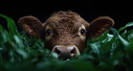 A brown cow peers out from a field of green corn stalks.の素材