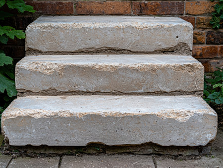 Old weathered concrete steps leading up to a brick wall.の素材