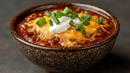 Bowl of chili topped with cheese, sour cream, and green onions.の素材