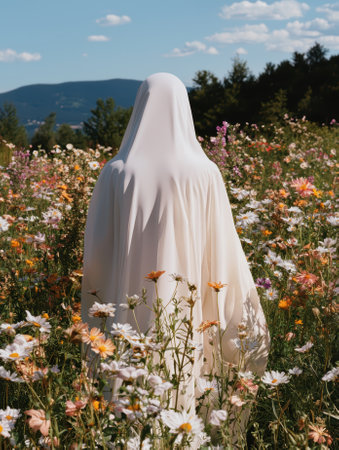 A figure draped in white stands in a field of wildflowers.の素材