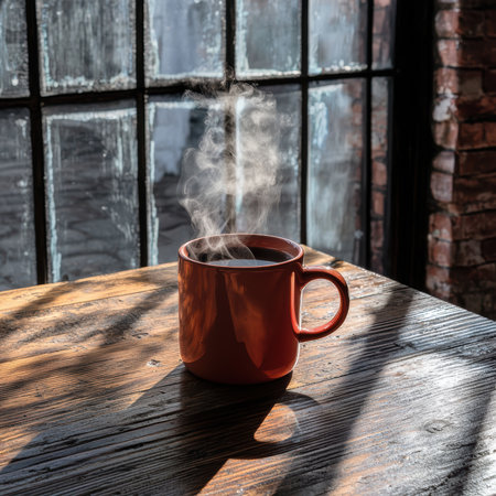 A steaming mug of coffee sits on a wooden table by a window.の素材