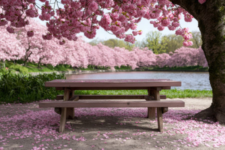 A picnic table sits under cherry blossoms by a lake.の素材