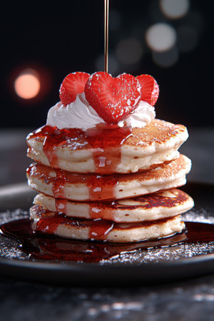 A stack of pancakes topped with strawberries and syrup.の素材