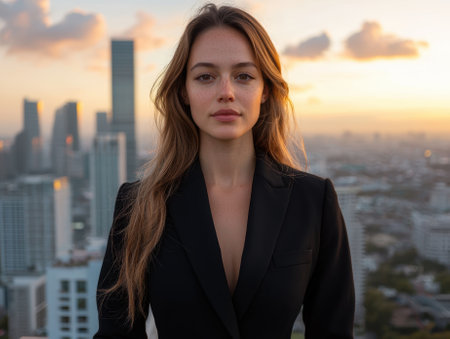Confident woman in a black suit standing on a rooftop overlooking the city at sunset.の素材