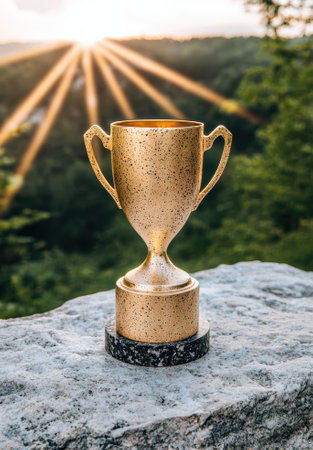 A golden trophy sits on a rock with a sunset background.の素材