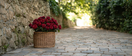 A basket of red roses sits on a cobblestone path.の素材