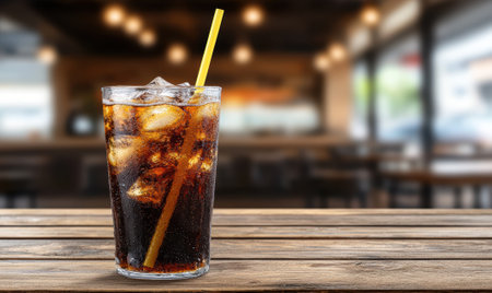 Refreshing cola drink with ice and straw on a wooden tableの素材