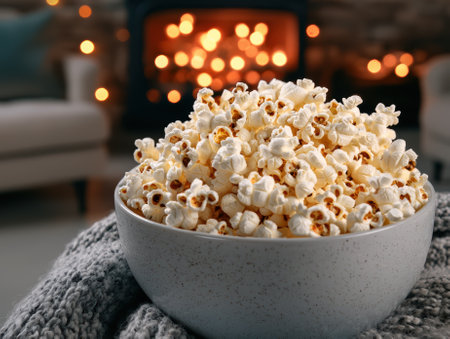Bowl of popcorn in front of a fireplace.の素材