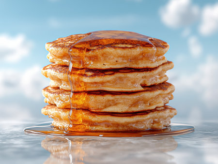A stack of pancakes covered in dripping syrup.の素材